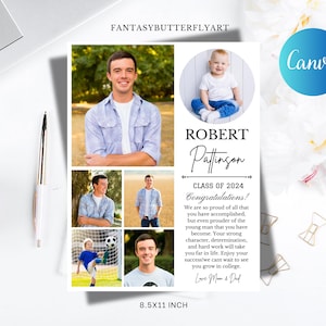 Może przedstawiać: Ogłoszenie o ukończeniu szkoły dla Roberta Pattinsona, klasa 2024. Ogłoszenie zawiera kolaż zdjęć Roberta w różnym wieku, w tym zdjęcie z niemowlęctwa, zdjęcie grającego w piłkę nożną i zdjęcie z okresu dojrzewania. Ogłoszenie zawiera również wiadomość od jego rodziców, w której gratulują mu osiągnięć i życzą powodzenia w przyszłych przedsięwzięciach.