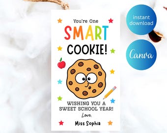 You’re One Smart Cookie Tag, Smart Cookie Gift Tag, Teacher Appreciation Gift, Student Treat Tag, Classroom Cookie Tag, Printable Tag Canva
