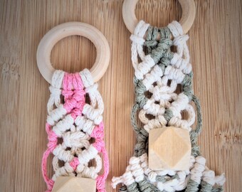 Natural Untreated baby teether made with 100% organic Cotton and wooden beads.