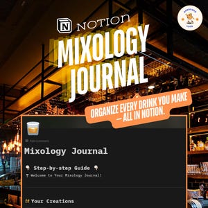 May include: Digital Notion template for a mixology journal. The image shows the title "Mixology Journal" with the tagline "Organize Every Drink You Make - All in Notion." It includes a step-by-step guide and examples of cocktail recipes.