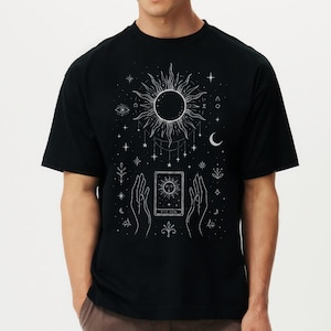 Mystic Tarot Oversized T Shirt for Men – Celestial Sun and Moon Graphic Tee – Occult Spiritual Shirt – Black Astrology Top