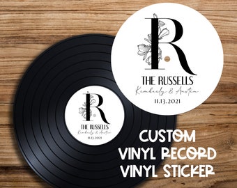 Black & White Floral Initial Vinyl Record Sticker for Wedding Guest Book | Personalized Wedding Guest Book Sticker | Record Guest Book