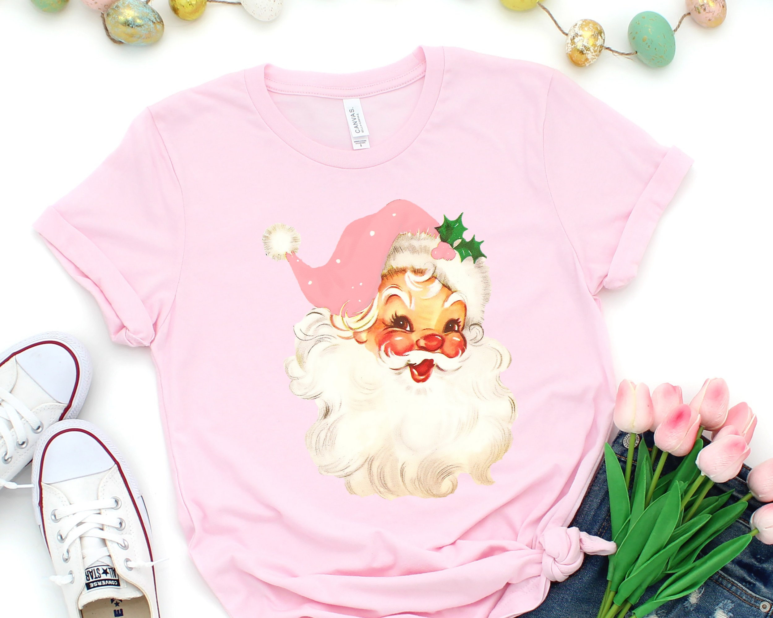 Pink Christmas Santa Shirt, Retro Pink Santa Hat Shirt