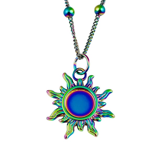 Rainbow Sun Necklace, Angel Aura jewellery, psychedelic multicoloured chain, pastel goth altcore alt fashion alternative, bohemian boho gift