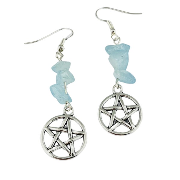 Pentacle Earrings with Aquamarine Crystal Chips, Gemstone Jewellery witchcraft accessories, witch pagan wicca wiccan gift for her coven yule