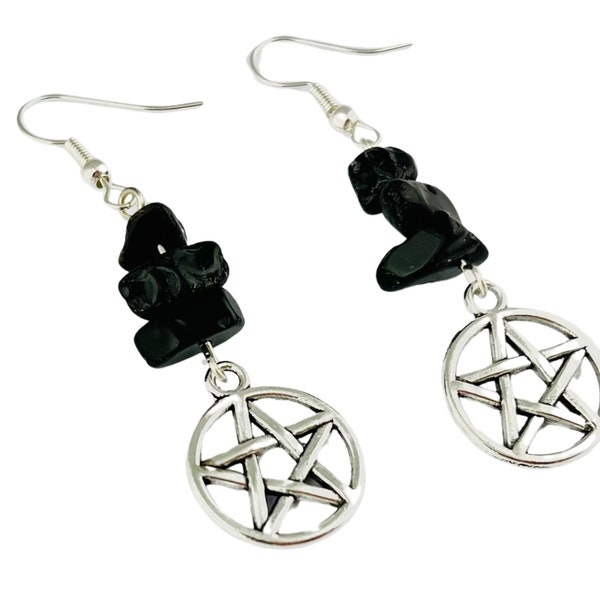 Pentacle Earrings with Obsidian Crystal Chips, Gemstone Jewellery, protection charm, amulet talisman, witchcraft accessories, witch gift her