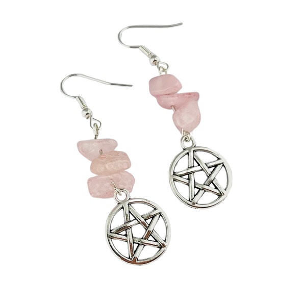 Pentacle Earrings with Rose Quartz Crystal Chips, Gemstone Jewellery, witchcraft accesories, pagan wiccan wicca gift for coven sister yule