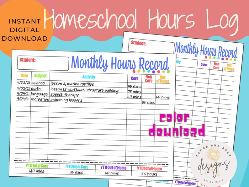 Homeschool Hours Log Monthly Printable At the price Year-end gift of surprise Record Lo