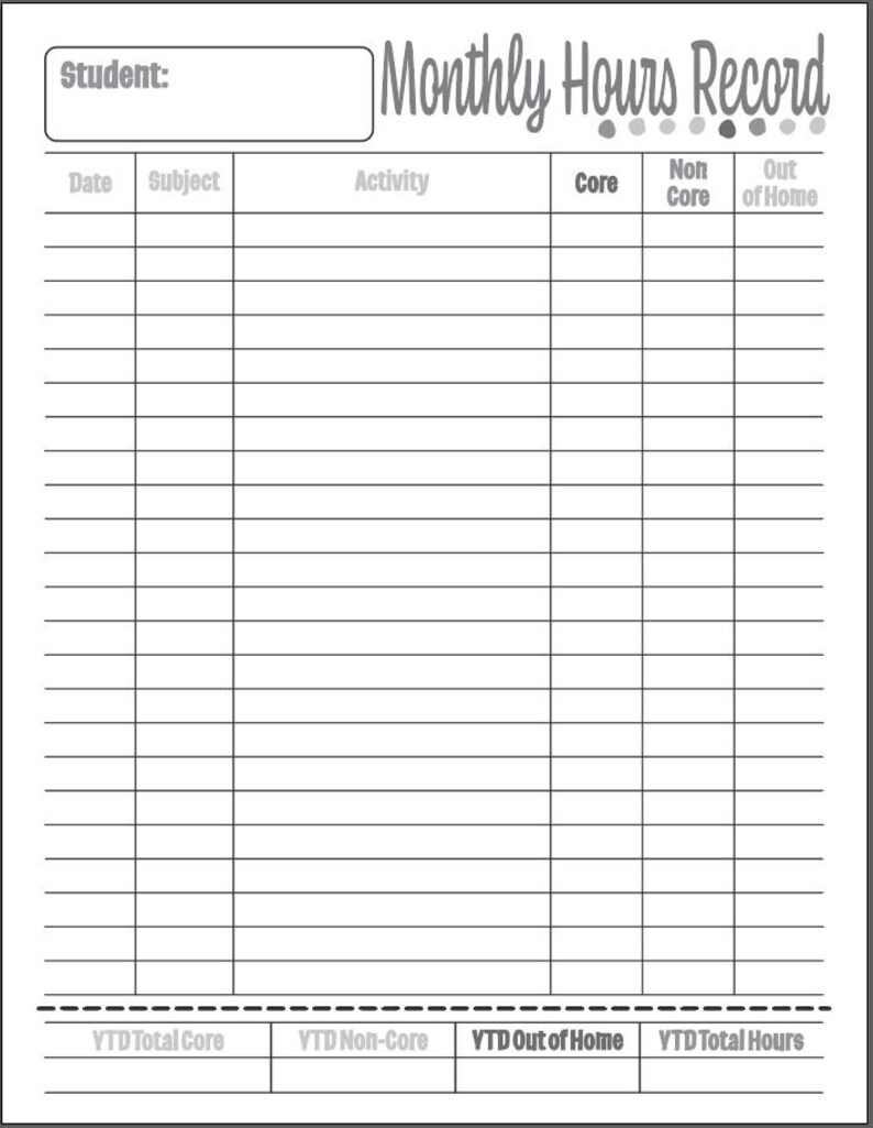 Homeschool Hours Log Black and White Monthly Hours Record - Etsy