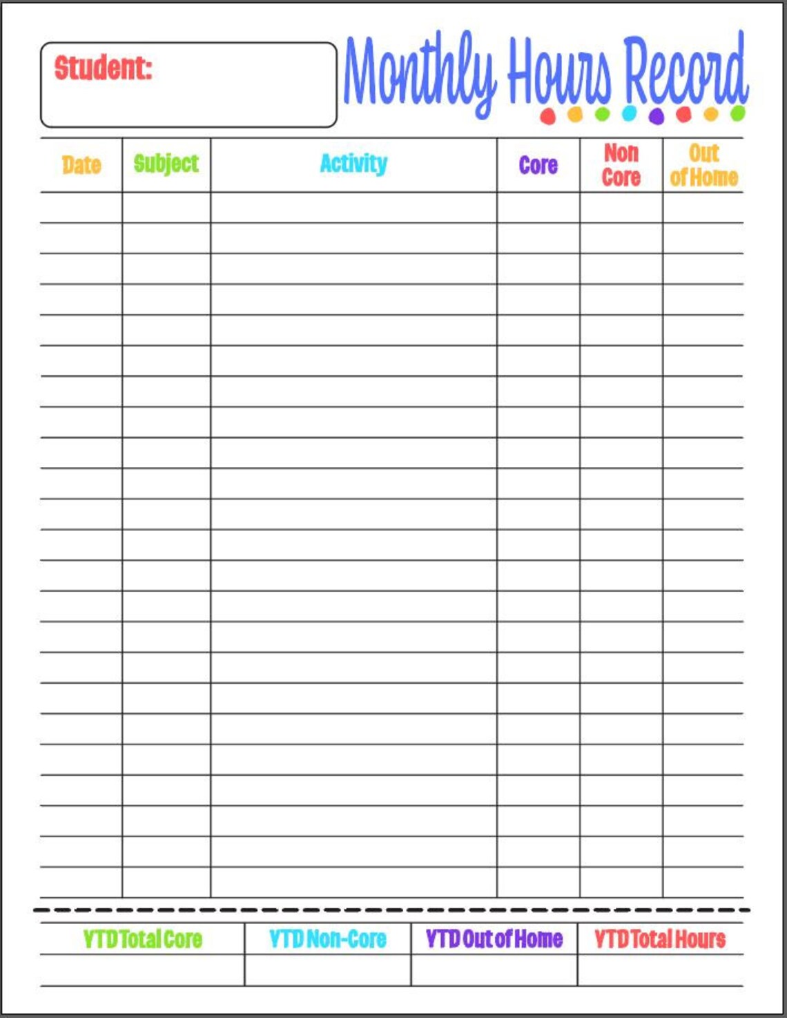 Homeschool Hours Log Monthly Hours Record Printable Hours Etsy