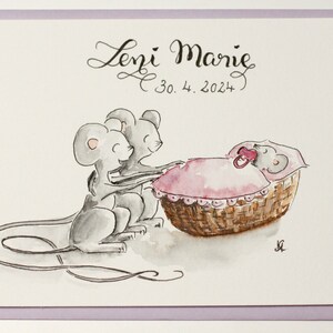 Aquarell/Illustration Bekanntgabe Geschenk Glückwunsch Geburt Mädchen - handgemaltes Original - Geschwisteranzahl wählbar, personalisierbar