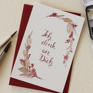 Original handgemaltes Aquarell Brushlettering Grußkarte "Ich denk an dich" Geschenk kleines Kunstwerk