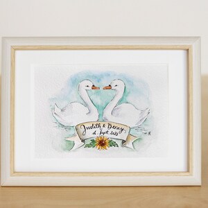 Geschenk Glückwunsch Bekanntgabe Kunstkarte zur Hochzeit "Schwanenliebe" - handgemaltes Aquarell mit Personalisierung - Farbe nach Wunsch