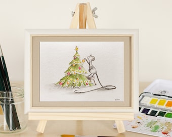 Illustration/Weihnachtskarte "Maus mit Weihnachtsbaum" mit Umschlag - handgemaltes Original - 10 x 15 cm