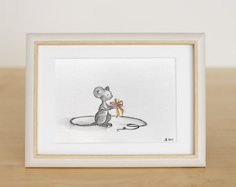 Grußkarte/Illustration "Maus mit Geschenk" - handgemaltes Original - 10 x 15 cm - Personalisierung/Handlettering möglich