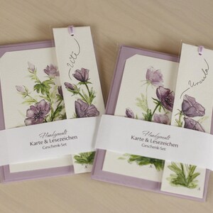 Geschenk-Set Original handgemaltes Blumen-Aquarell - Personalisierung Lesezeichen und Karte (ca. 10 x 15 cm) mit Umschlag - Wunschmotiv