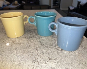 3 FIESTA Coffee Cups Mugs TURQUOISE, Light Blue & Pale-Yellow Homer Laughlin