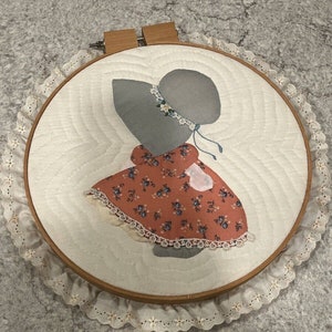12” Completed VINTAGE SUNBONNET Sue Girl Dress Embroidered Ring Handmade