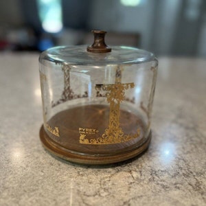 Vintage PYREX USA Cheese Server Wooden Plate Glass Dome Gold Pillar