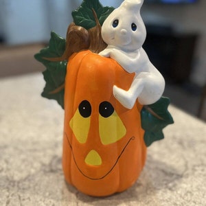 Hand Painted Vintage Ceramic Ghost & Jack O’Lantern Pumpkin Halloween Figurine