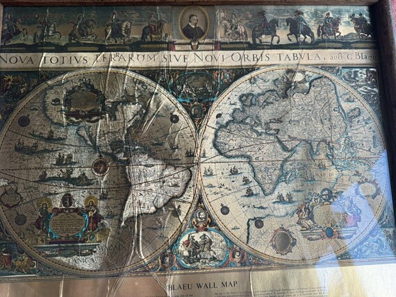 Vtg MCM Framed Gold Foil Blaeu Wall Map Willem Janszoon