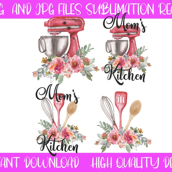 Mom's Kitchen/collection of spatulas and vintage mixer with flowers/ Sublimation PNG & JPEG  digital/Baking/Cooking/Kitchen/Cake/Cupcakes