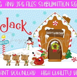 May include: A personalised Christmas design featuring a gingerbread house with the text "Santa's Workshop" and the name "Jack". The design also includes a snowman, a reindeer pulling a sleigh with Santa Claus, and a sign that says "North Pole".