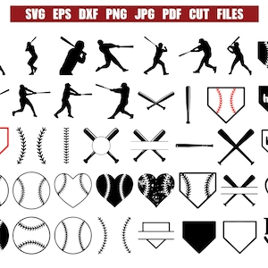 May include: A set of 30 baseball-themed SVG cut files, including silhouettes of baseball players, bats, balls, home plate, and other designs. The files are perfect for creating personalized crafts, apparel, and home decor.