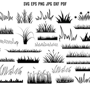 May include: A collection of black grass and plant silhouettes in various shapes and sizes. The image includes text at the top that reads "SVG EPS PNG JPG DXF PDF". The designs are suitable for digital art projects.