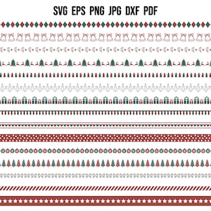 May include: A set of 12 digital Christmas border designs in SVG, EPS, PNG, JPG, DXF, and PDF formats. The borders feature various festive elements like bells, candy canes, Christmas trees, and stars in red, green, and white.