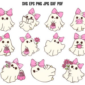 Op de afbeelding: Een verzameling schattige cartoon spook illustraties. Elke geest is wit met een roze strik en schedel detail. Sommige geesten houden bloemen, een boek, een handtas, een brief of een kopje vast. De tekst "SVG EPS PNG JPG DXF PDF" is inbegrepen.