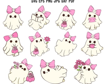 Fantasma lindo SVG / Archivo de corte SVG de fantasma / Clipart de fantasma con lazo rosa / Fantasma coqueto Svg / Lindo Svg de Halloween / Svg de Halloween de moda / Vinilo fantasma