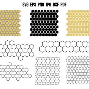 May include: A set of six different honeycomb patterns. The patterns are in black, white, and gold. The patterns are in various shapes and sizes.