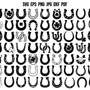 May include: A set of 48 black and white horseshoe SVG cut files. The files include various horseshoe designs with different embellishments, such as shamrocks, hearts, and flowers.
