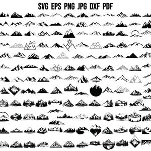 May include: A collection of 100 black and white mountain range silhouette illustrations. The mountains are in various styles and sizes, including simple outlines, detailed peaks, and mountains with trees and other features.