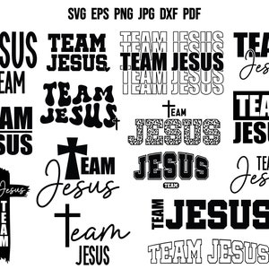 May include: A collection of 12 black and white graphic designs featuring the words "Team Jesus" in various styles and fonts. The designs include a cross, a leopard print pattern, and a variety of lettering styles.