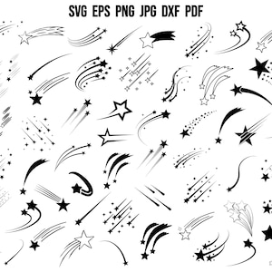 May include: A set of 40 black and white shooting star illustrations. The stars are drawn in various styles and sizes, with some having a tail and others having a more stylized look.