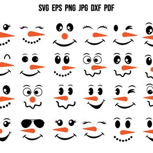 Puede incluir: Un conjunto de 18 archivos de corte SVG de cara de mu&ntilde;eco de nieve negro y naranja. Las caras tienen diferentes expresiones, incluyendo gui&ntilde;os, sonrisas y muecas.