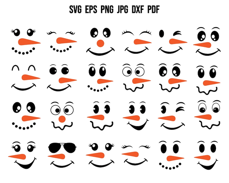 Puede incluir: Un conjunto de 18 archivos de corte SVG de cara de mu&ntilde;eco de nieve negro y naranja. Las caras tienen diferentes expresiones, incluyendo gui&ntilde;os, sonrisas y muecas.