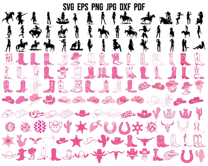May include: A set of 100 pink and black cowboy boot, hat, and other western-themed clipart images. The images are in a variety of styles, including traditional, modern, and whimsical. SVG EPS PNG JPG DXF PDF.