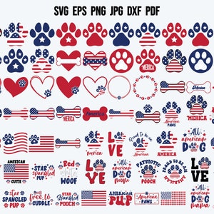 May include: A collection of patriotic-themed graphics in red, white, and blue. Designs include paw prints, hearts, dog bones, flags, and text like "America," "Love," and "Happy 4th of July." Ideal for crafting and DIY projects.