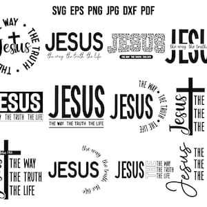 May include: A collection of black and white graphic designs featuring the word "Jesus" and the phrase "The way, the truth, the life".