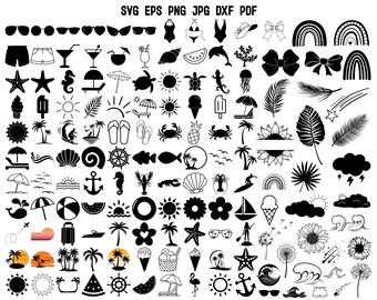 May include: A collection of 100 black and white summer themed SVG cut files. The images include a variety of icons such as sunglasses, flip flops, seashells, starfish, palm trees, ice cream cones, watermelon, and more.