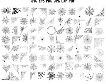 Puede incluir: Una colección de diseños de telarañas en blanco y negro de varias formas y tamaños. Algunas telarañas tienen arañas. La imagen incluye el texto "SVG EPS PNG JPG DXF PDF" en la parte superior, indicando formatos de archivo.