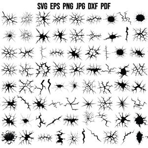 May include: A set of 60 black and white crack and fracture vector illustrations. These graphics are perfect for adding a distressed or broken effect to your designs.
