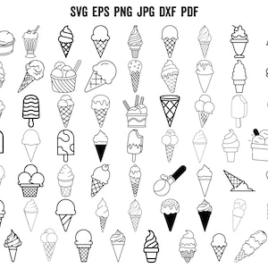 Könnte beinhalten: Schwarz-Weiß-Strichzeichnungen verschiedener Eiscreme-Leckereien, darunter Eistüten, Eisbecher und Eis am Stiel. Das Bild enthält oben den Text "SVG EPS PNG JPG DXF PDF".