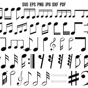 May include: A set of black musical note symbols, including treble clef, bass clef, sharp, flat, natural, and various note values. The symbols are isolated on a white background.