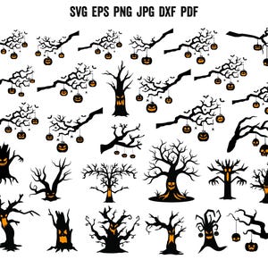 May include: A collection of Halloween-themed vector graphics. The image features various spooky trees, branches with hanging jack-o'-lanterns, and other Halloween-related elements in black and orange. The top of the image includes file type options.