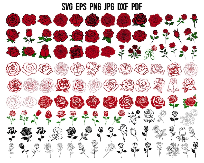 May include: A set of 100 red, white, and black rose SVG cut files. The roses are in various styles, including traditional, modern, and whimsical. The files are perfect for creating personalized projects, such as cards, invitations, and home decor.