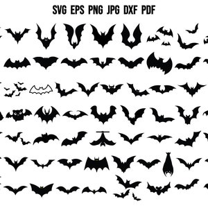 May include: A collection of 60 black bat silhouettes in various poses and sizes. The bats are arranged in rows and columns on a white background. The text "SVG EPS PNG JPG DXF PDF" is at the top of the image.